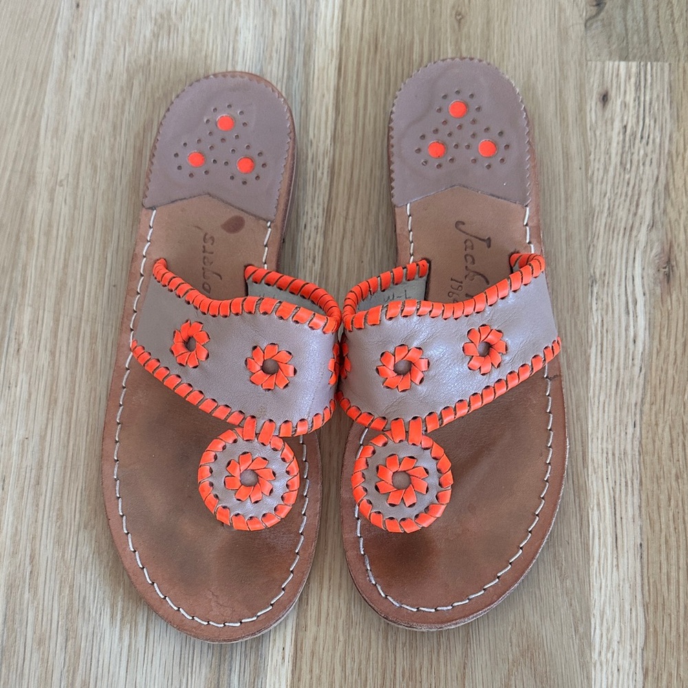 Jack Rogers Brown Leather Sandals with Neon Orange Detailing